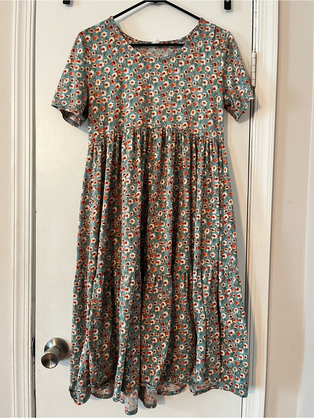 P&Rose Floral Midi Dress Blue Orange Short Sleeve Tiered Women’s 1XL